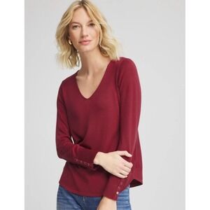 Chico's L Size 2 Burgundy Ella V-Neck Button Cuff Long Sleeve Pullover Sweater